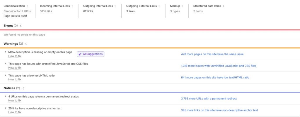 Semrush AI Audit Results Page Error Details